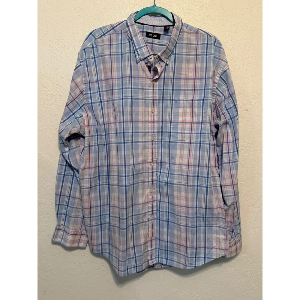 IZOD Mens XXL Long Sleeve‎ Plaid Button Down Shirt Blue Pink White Casual
